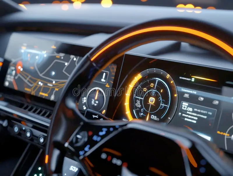 Close up of a luxury car dashboard showing digital interfaces